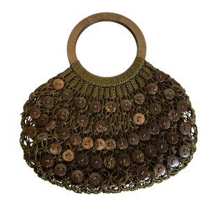 Blue Miami Green Brown Button Design Crochet Wood Circle Handles Boho Retro